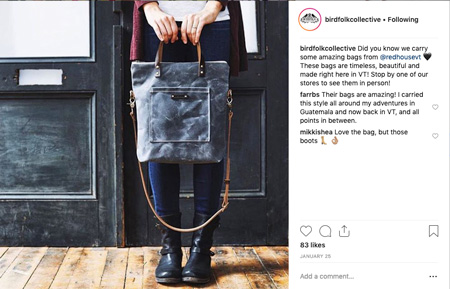 Instagram Post by Birdfolk Collective shows woman holding a bag for sale. 